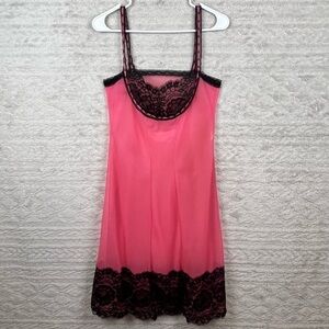 Vintage Witchy Wimsigoth Nylon Slip Dress Nightie Pink Black Lace Medium
